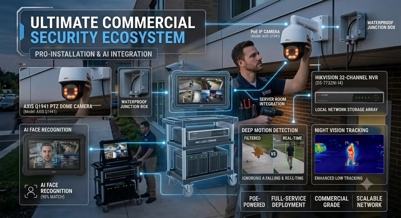 Commercial CCTV installation in Bahrain: PoE PTZ dome cameras, 32-channel NVR local storage, AI face recognition, deep motion detection and night vision tracking