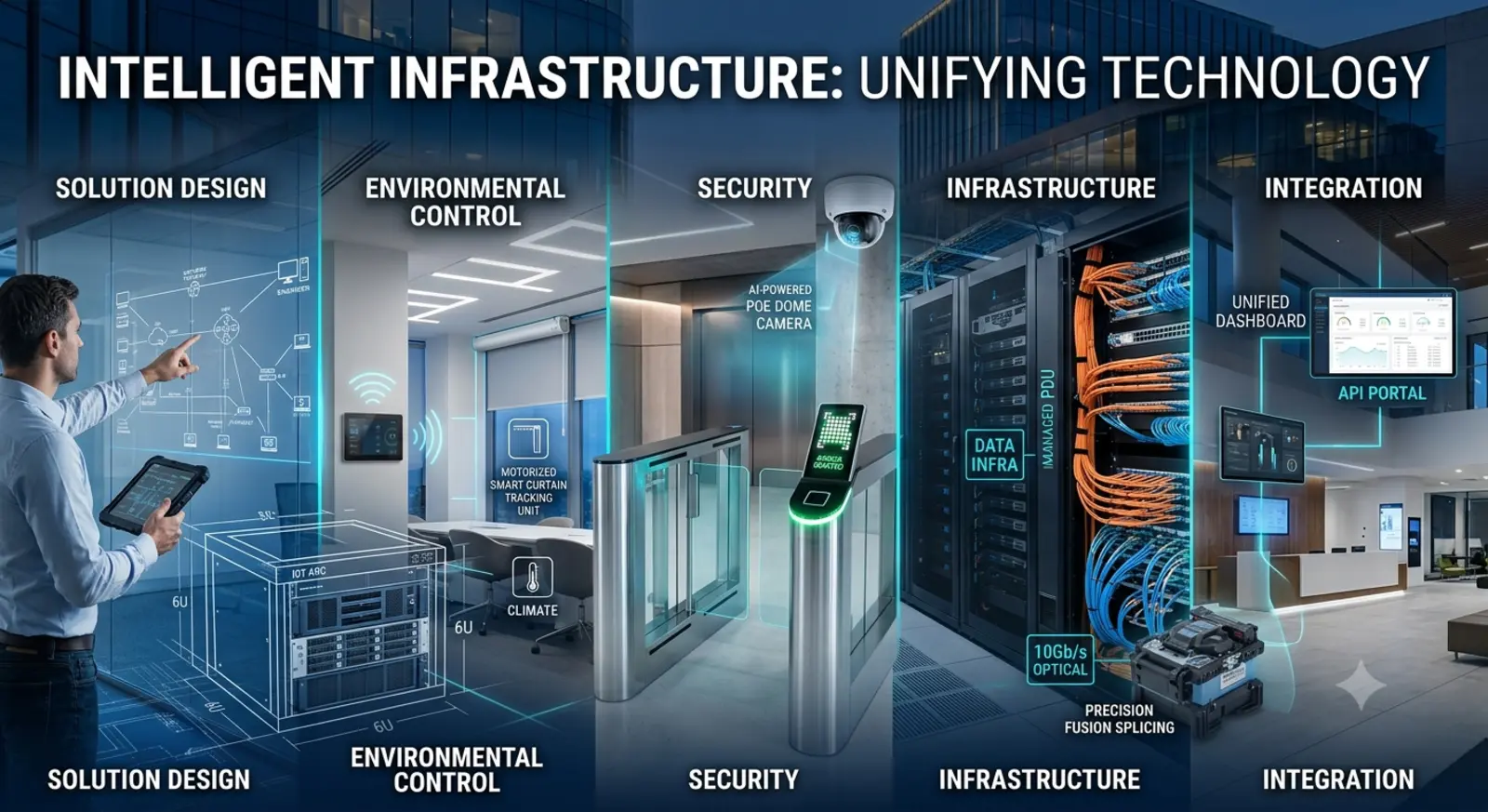 N8O intelligent infrastructure in Bahrain unifying solution design, environmental control, AI security, datacenter racks with 10Gb/s fiber, and API integration dashboards