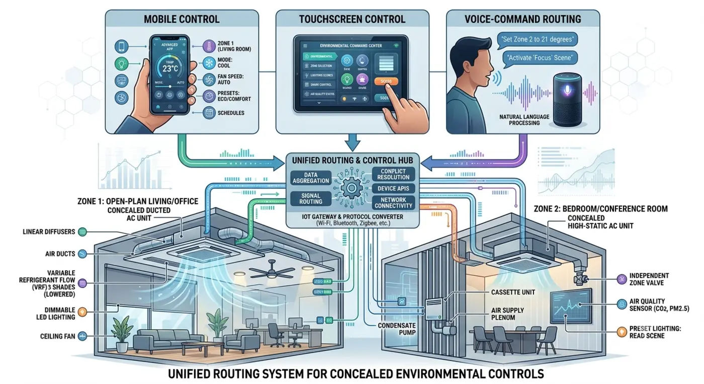 Unified IP climate and HVAC control in Bahrain: mobile app, touchscreen and voice-command routing to concealed ducted AC units through an IoT gateway hub